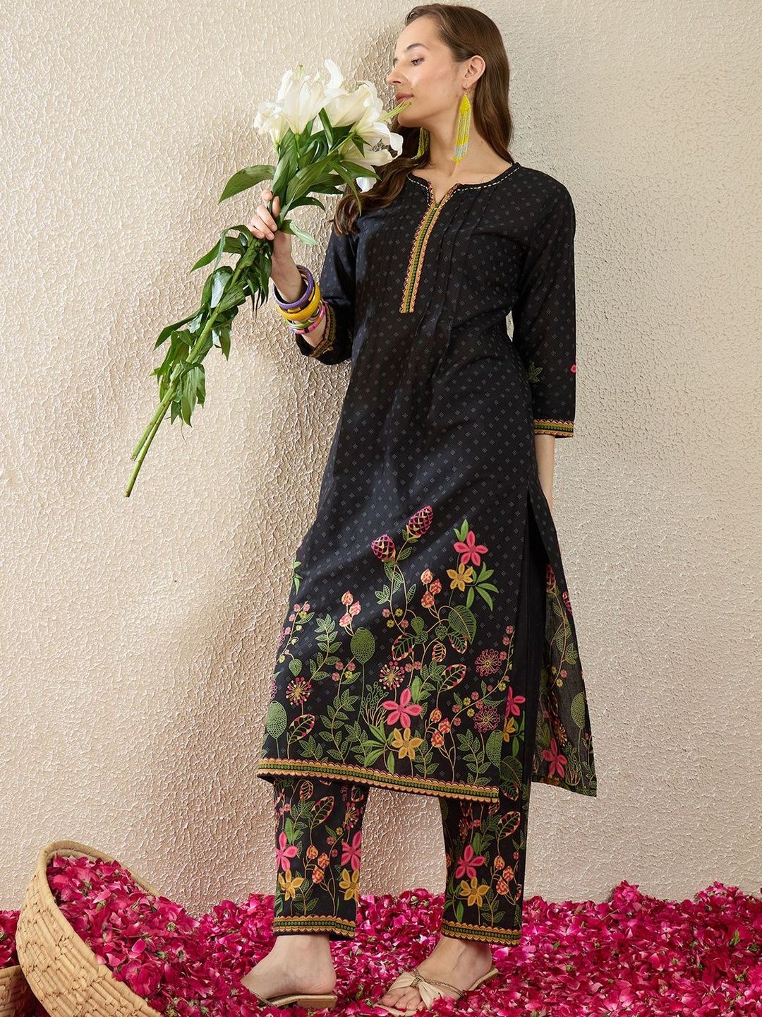 Floral Printed Thread Work Pure Cotton Straight Kurta With Trousers