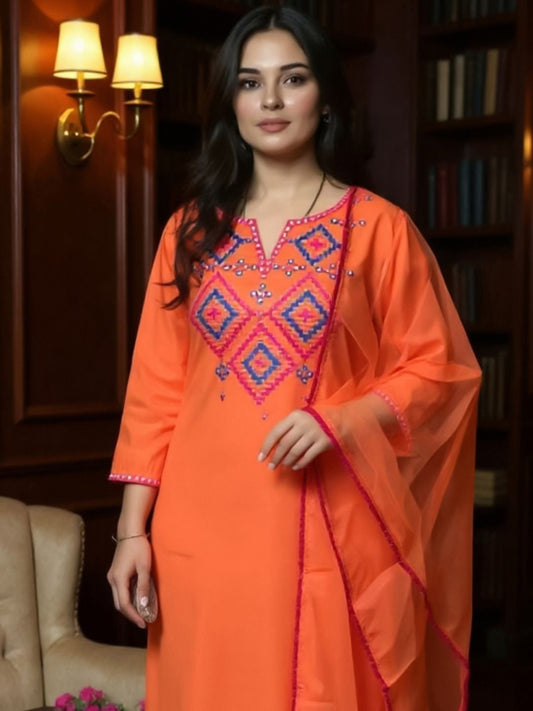 Women Geometric Embroidered V-Neck Mirror Work Kurta with Trousers & Dupatta