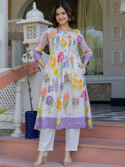 Floral Printed A-Line Pure Cotton Kurta With Trouser