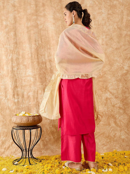 Ethnic Motifs Yoke Design Straight Thread Work Liva Kurta with Palazzos & Dupatta