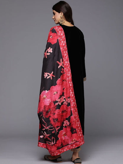 Floral Yoke Design Sequinned Velvet Straight Kurta With Trousers & Dupatta