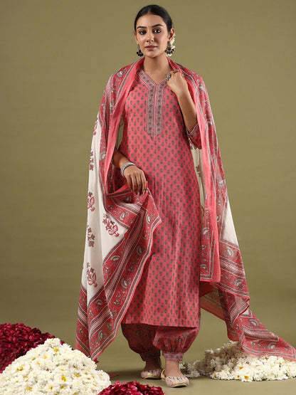 Dhiyona IE Women Ethnic Motifs Printed Regular Pure Cotton Kurta with Salwar & With Dupatta
