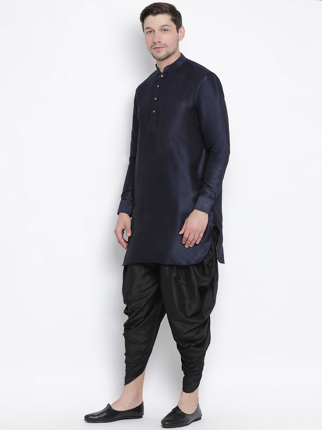 Men's Dark Blue Silk Blend Pathani Kurta and Dhoti Set