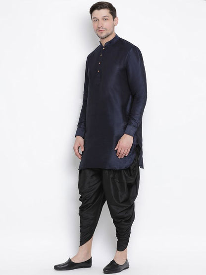 Men's Dark Blue Silk Blend Pathani Kurta and Dhoti Set