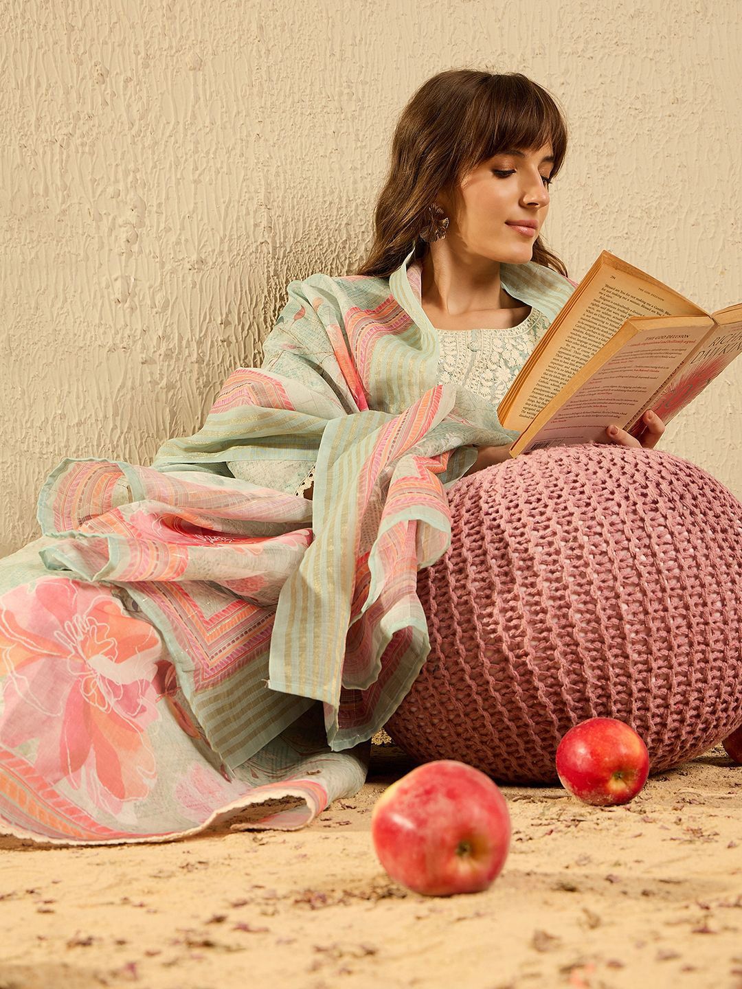 Dhiyona IE Women Ethnic Motifs Printed Regular Chikankari Kurta with Trousers & With Dupatta