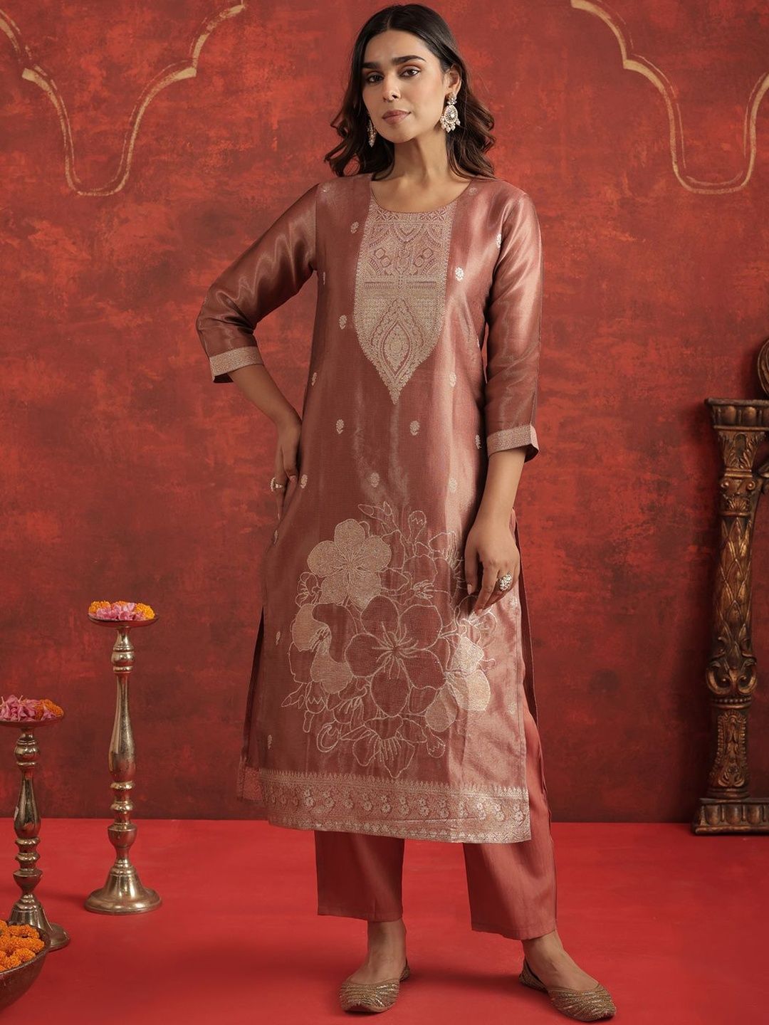Ethnic Motifs Woven Design Zari Straight Kurta With Trousers & Dupatta