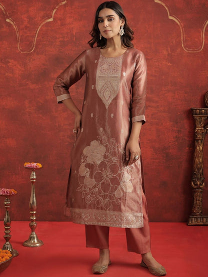 Ethnic Motifs Woven Design Zari Straight Kurta With Trousers & Dupatta