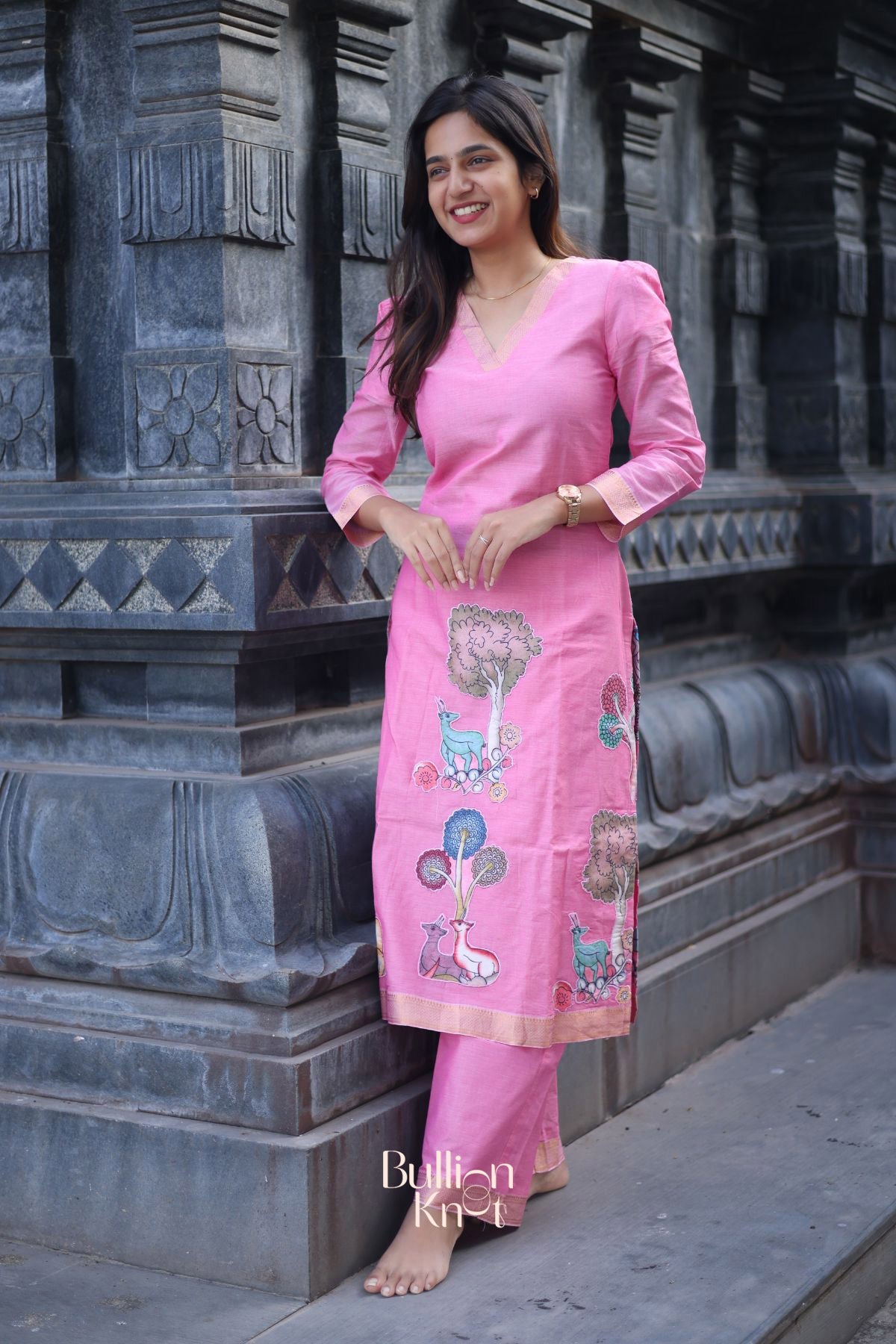 Dhiyona BN Chhaavi Handloom Pink Nature-Patchwork Kurta Set