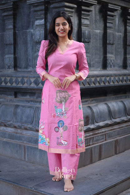 Dhiyona BN Chhaavi Handloom Pink Nature-Patchwork Kurta Set