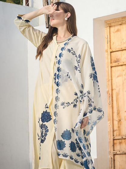 Floral Printed Straight Kurta With Palazzos & Dupatta