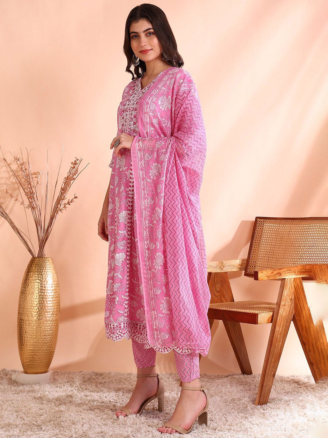Dhiyona OD  Thread Work Pure Cotton Anarkali Kurta with Trousers & Dupatta