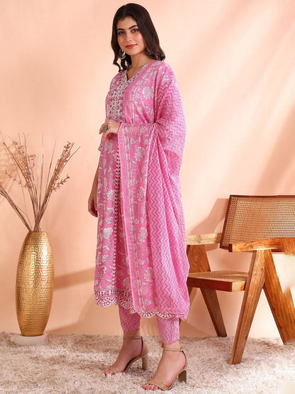 Dhiyona OD  Thread Work Pure Cotton Anarkali Kurta with Trousers & Dupatta