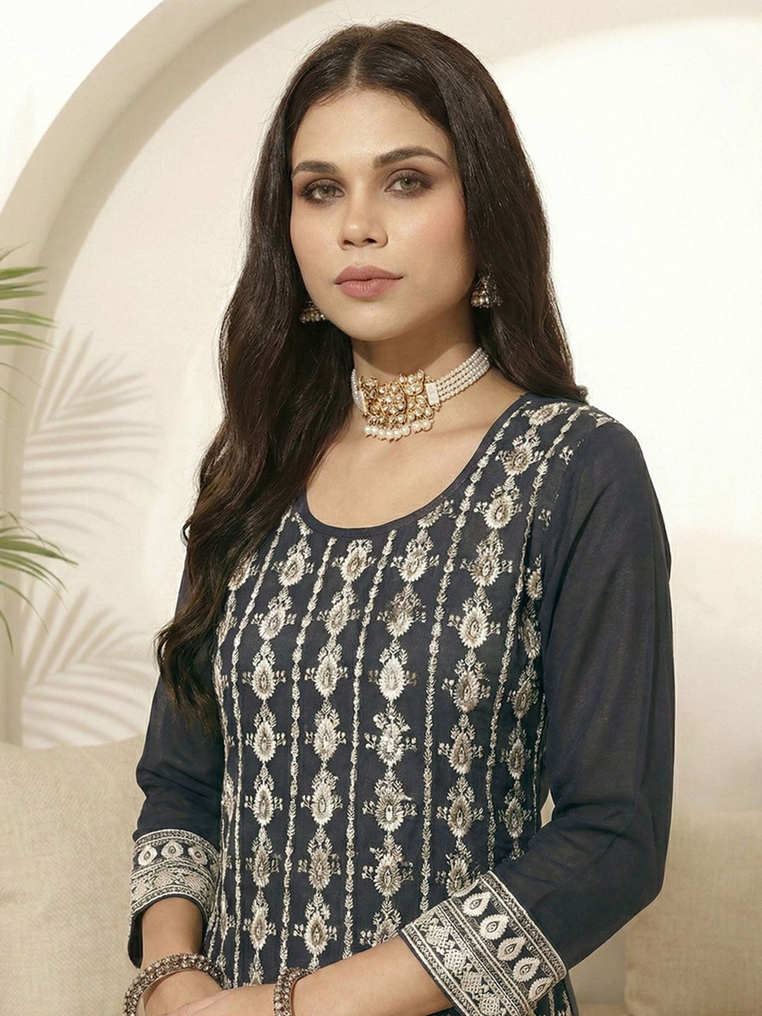 Dhiyona CH Women Ethnic Motifs Embroidered Regular Thread Work Kurta with Trousers & With Dupatta