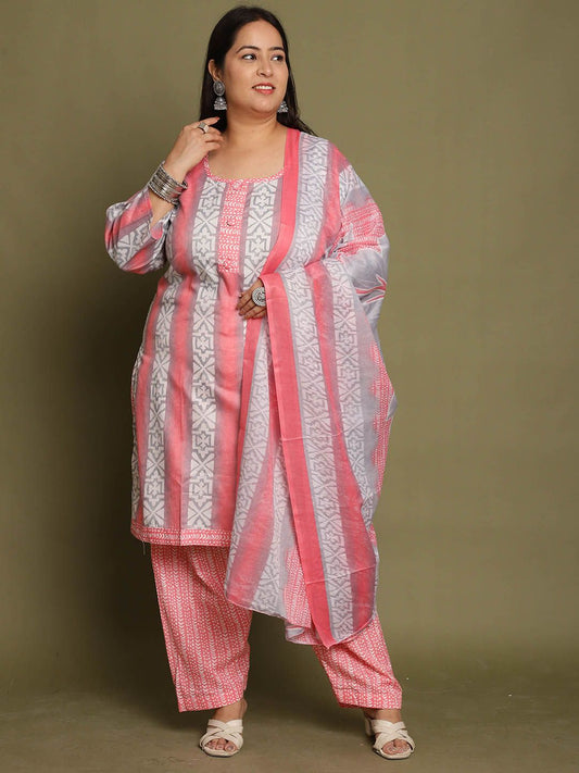 Dhiyona KL Geometric Printed Round Neck Straight Kurta With Salwar & Dupatta