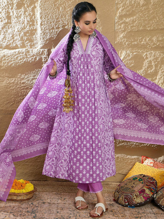 Dhiyona IE Women Floral Printed Panelled Pure Cotton Kurta with Trousers & Dupatta