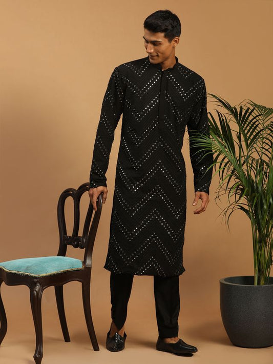 Men's Black Georgette Straight Kurta Pyjama Set