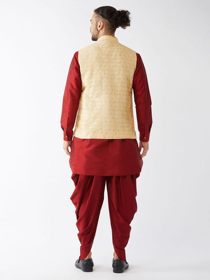 Men's Maroon Silk Blend Straight Jacket  Kurta and Dhoti Set