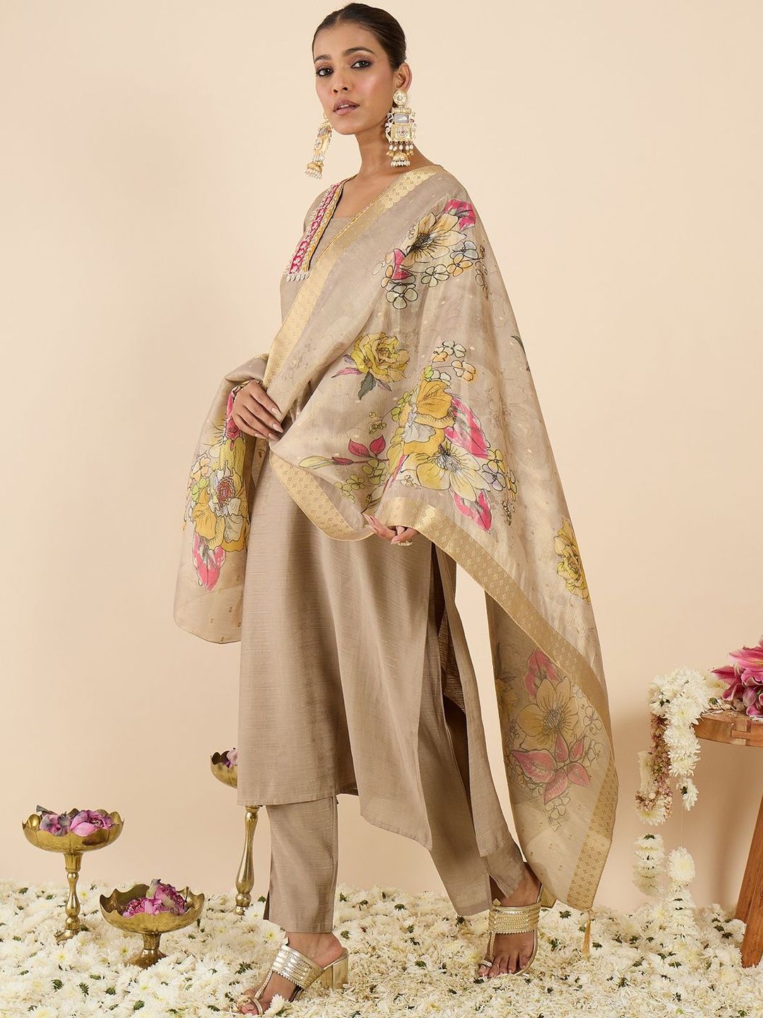Women Floral Panelled Thread Work Raw Silk Kurta with Trousers & With Dupatta