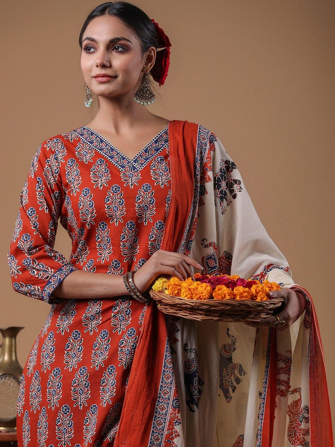 Ethnic Motifs Printed Regular Pure Cotton Kurta With Trouser And Dupatta