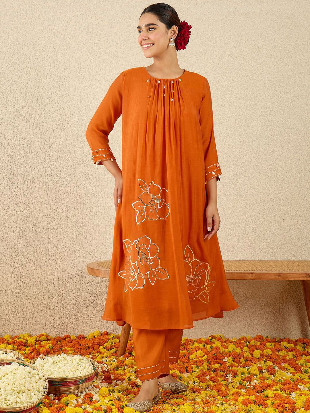 Women Floral Embroidered Regular Gotta Patti Kurta with Trousers
