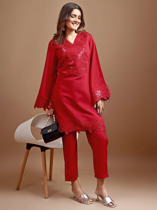 Dhiyona TI Women's Red Silk Blend Heavy Sequence Work Co Ord