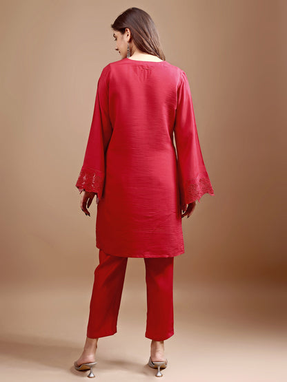 Dhiyona TI Women's Red Silk Blend Heavy Sequence Work Co Ord