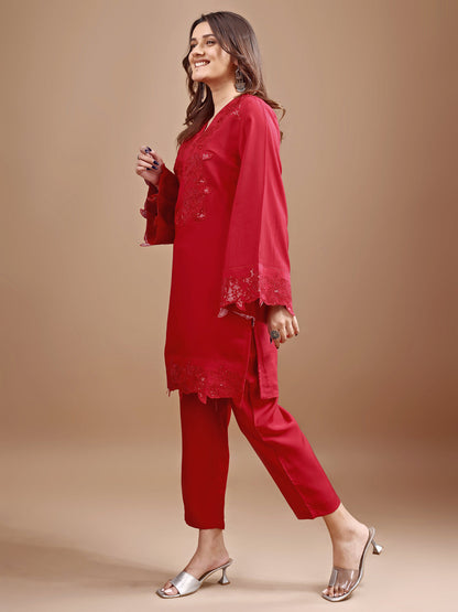 Dhiyona TI Women's Red Silk Blend Heavy Sequence Work Co Ord
