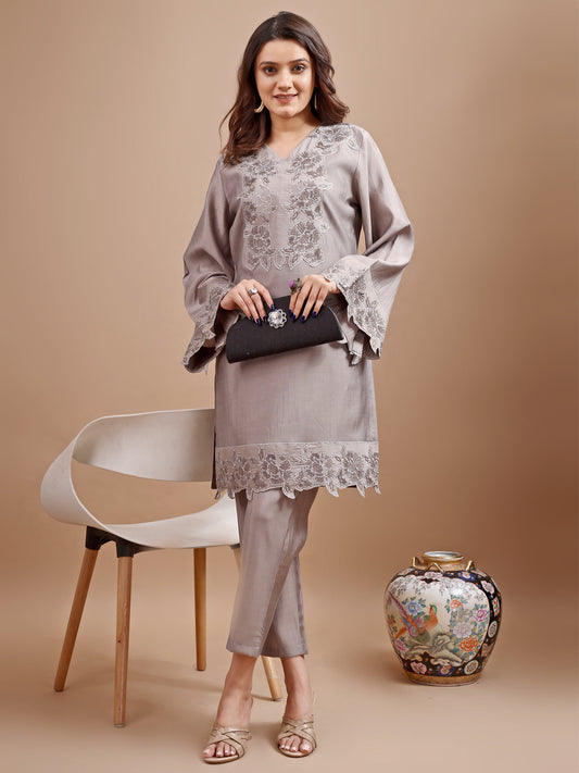 Dhiyona TI Women's Grey Silk Blend Tonal Sequins Embroidered Kurta with Pant