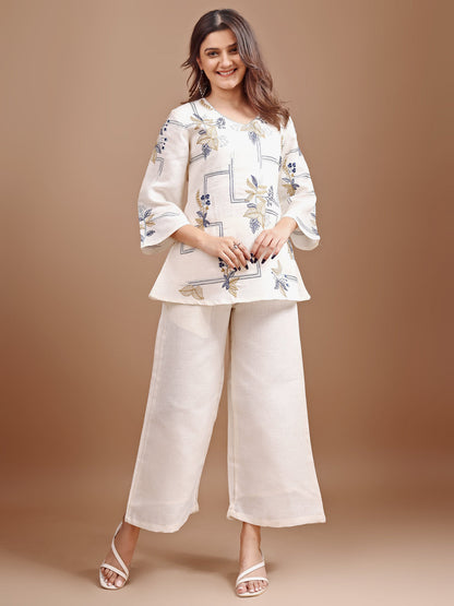 Dhiyona TI Women's Off White Linen Contrast Thread Embroidery Top with Palazzo