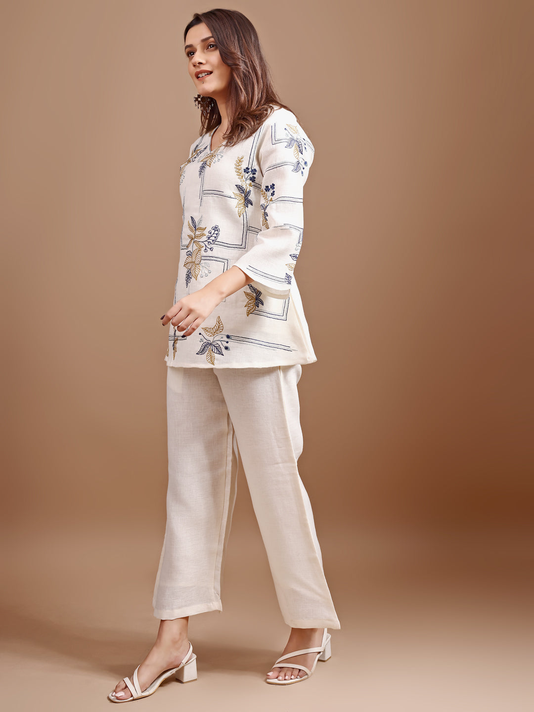 Dhiyona TI Women's Off White Linen Contrast Thread Embroidery Top with Palazzo