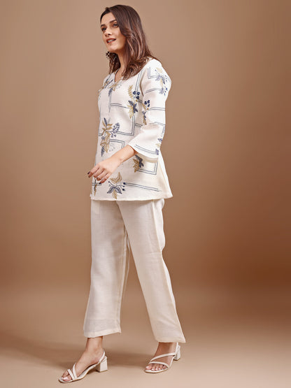 Dhiyona TI Women's Off White Linen Contrast Thread Embroidery Top with Palazzo