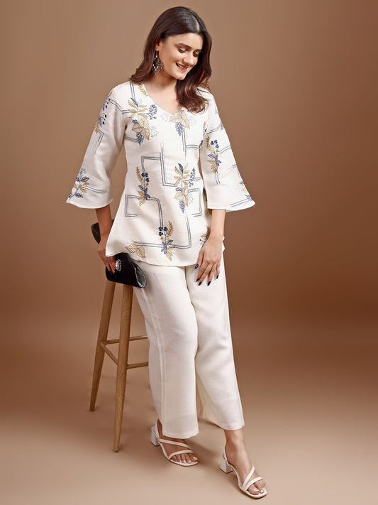 Dhiyona TI Women's Off White Linen Contrast Thread Embroidery Top with Palazzo