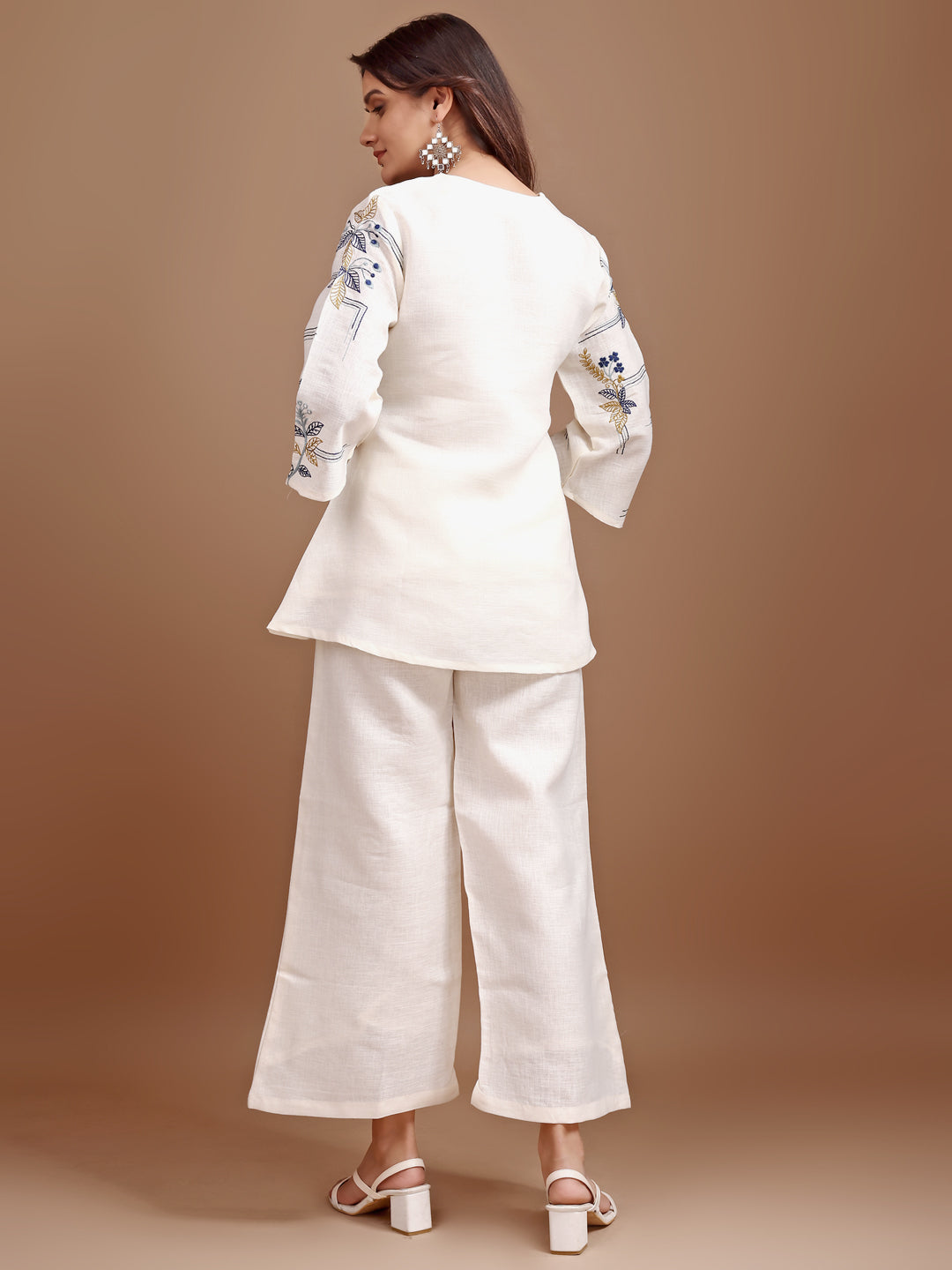 Dhiyona TI Women's Off White Linen Contrast Thread Embroidery Top with Palazzo