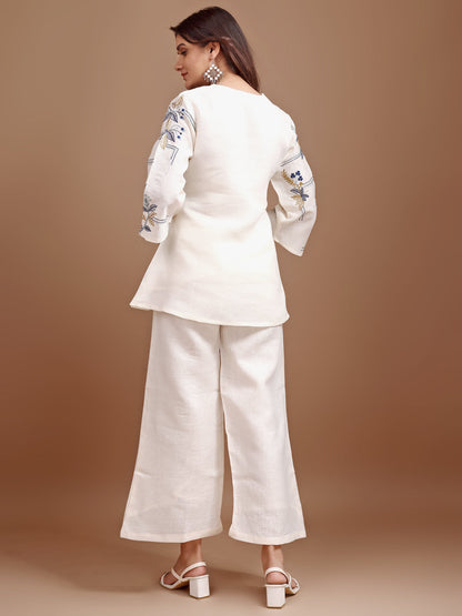 Dhiyona TI Women's Off White Linen Contrast Thread Embroidery Top with Palazzo