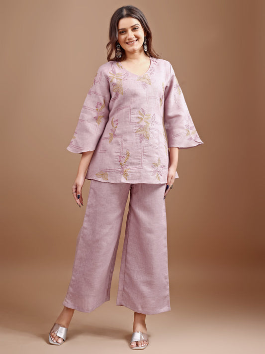 Dhiyona TI Women's Mauve Linen Contrast Thread Embroidery Top with Palazzo
