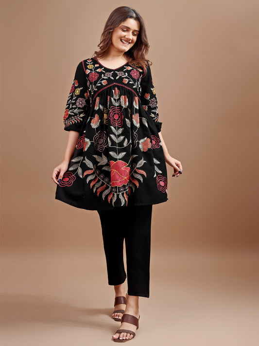Dhiyona TI Women's Black Linen Multi Thread Embroidery Flared Kurta with Pant
