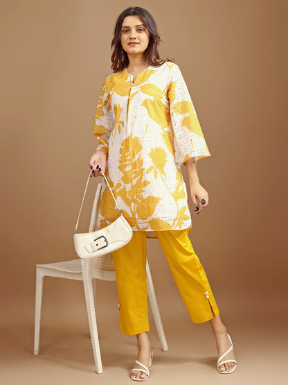 Dhiyona TI Women's Yellow and White Hakoba Printed Kurta with Pant