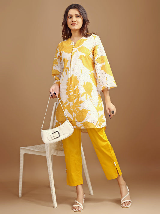 Dhiyona TI Women's Yellow and White Hakoba Printed Kurta with Pant