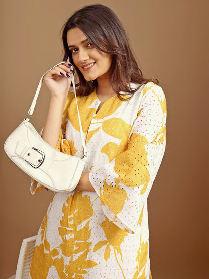 Dhiyona TI Women's Yellow and White Hakoba Printed Kurta with Pant