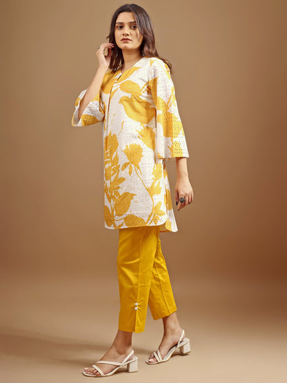 Dhiyona TI Women's Yellow and White Hakoba Printed Kurta with Pant