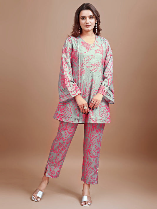 Dhiyona TI Women's Dusty Grey Hakoba Printed Kurta with Pant
