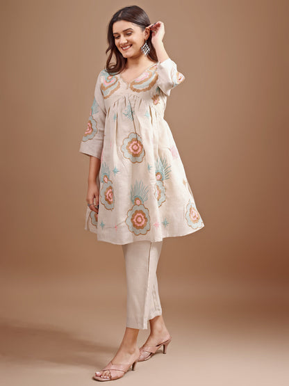 Dhiyona TI Women's Beige Linen Multi Thread Embroidery Flared Kurta with Pant
