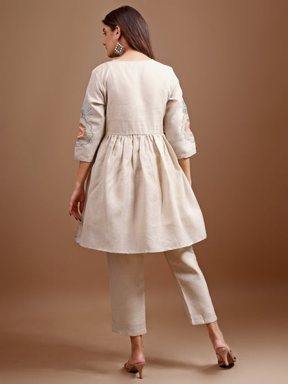 Dhiyona TI Women's Beige Linen Multi Thread Embroidery Flared Kurta with Pant