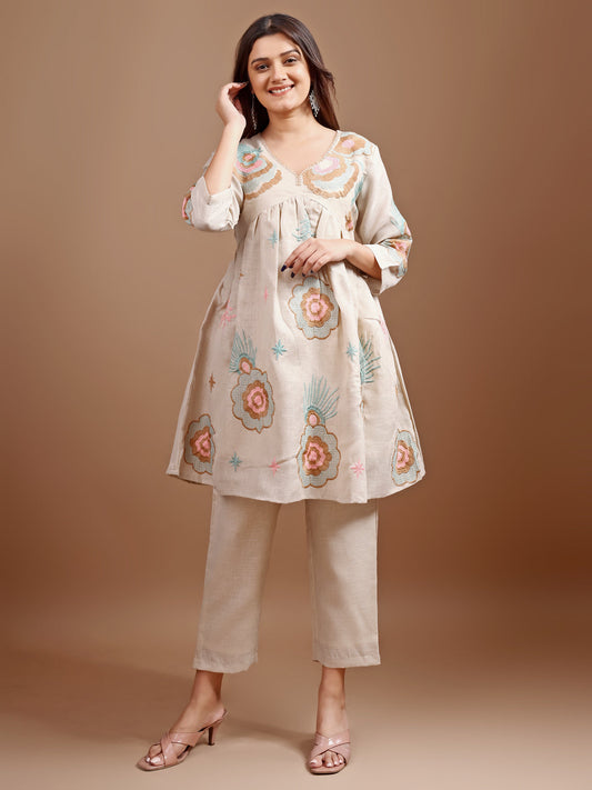 Dhiyona TI Women's Beige Linen Multi Thread Embroidery Flared Kurta with Pant