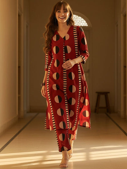 Geometric Printed V-Neck Pure Cotton Straight Kurta With Trousers