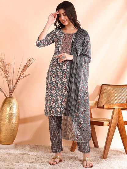 Dhiyona OD  Thread Work Pure Cotton Straight Kurta with Trousers & Dupatta