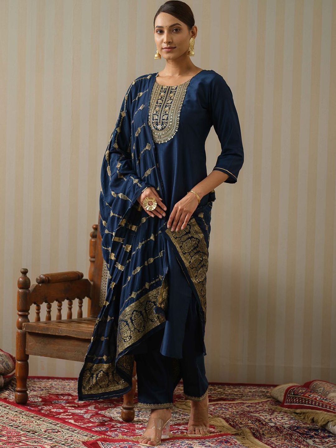 Dhiyona OD  Floral Yoke Design Silk Straight Kurta & Trousers With Dupatta