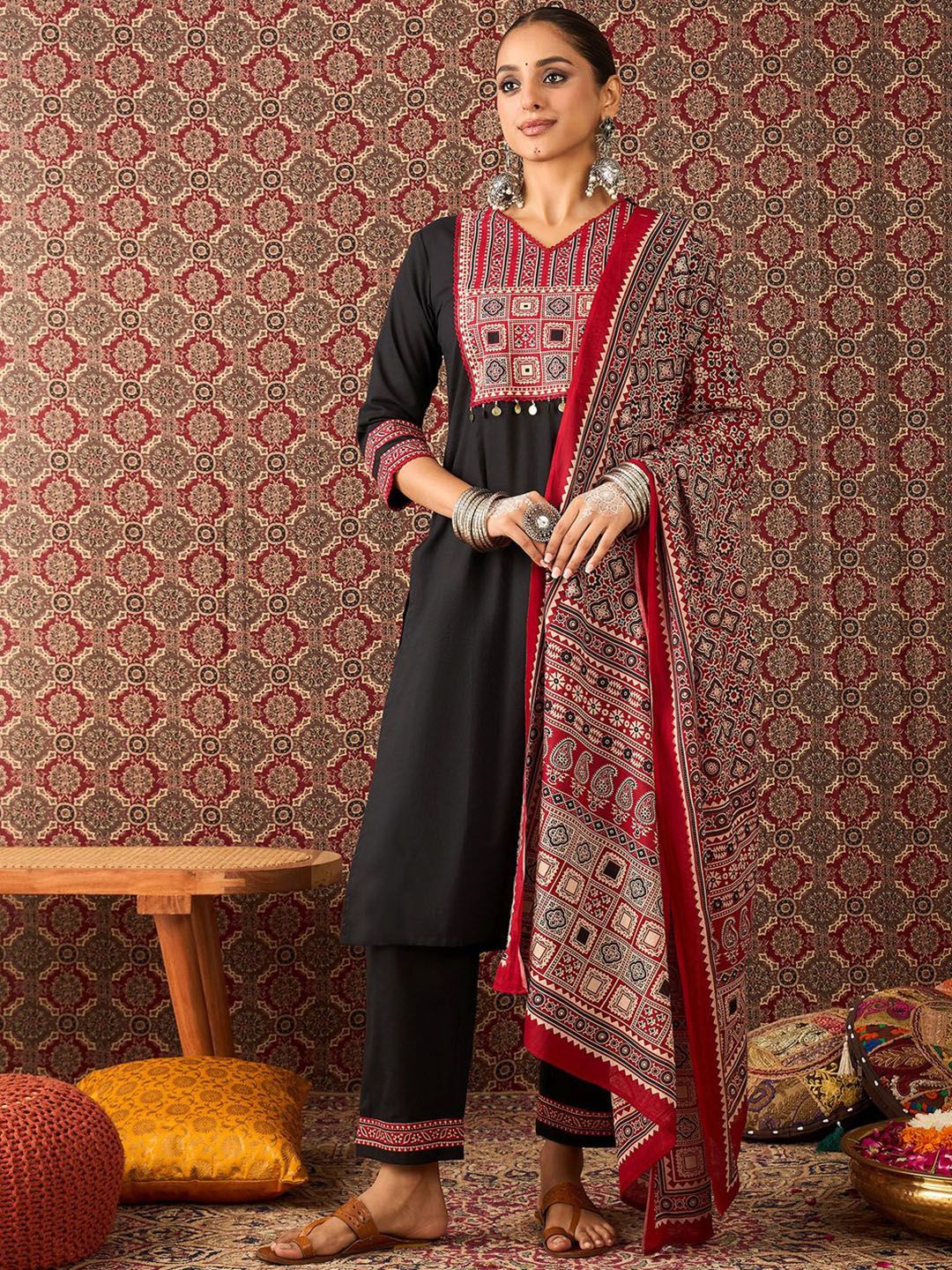 Women Ethnic Motifs Black Printed Pure Cotton Kurta with Trousers & Dupatta