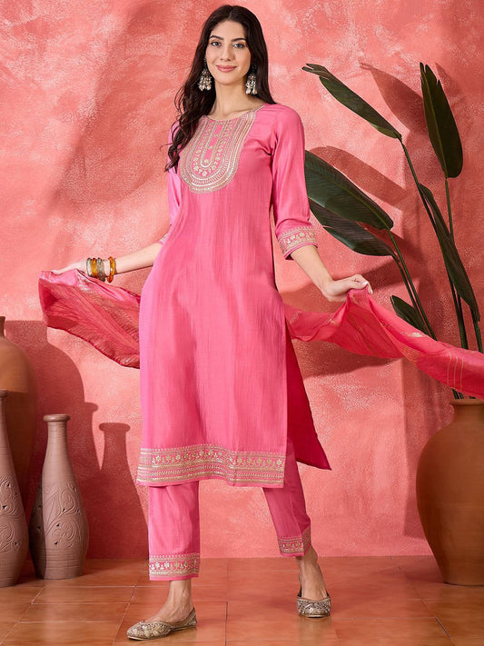 Dhiyona SN Women's Floral Embroidered Kurta with Trousers & Dupatta
