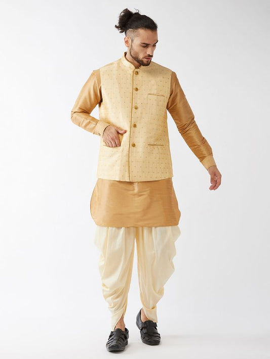 Men's Rose Gold Silk Blend Straight Jacket  Kurta and Dhoti Set